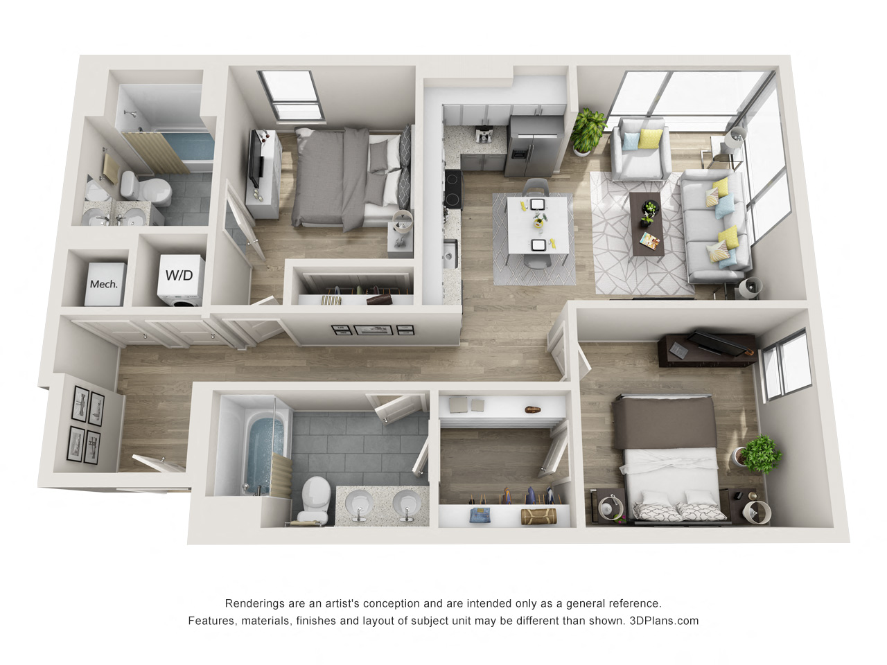 Floor plan for 2 beds, 2 baths, 978 sqft